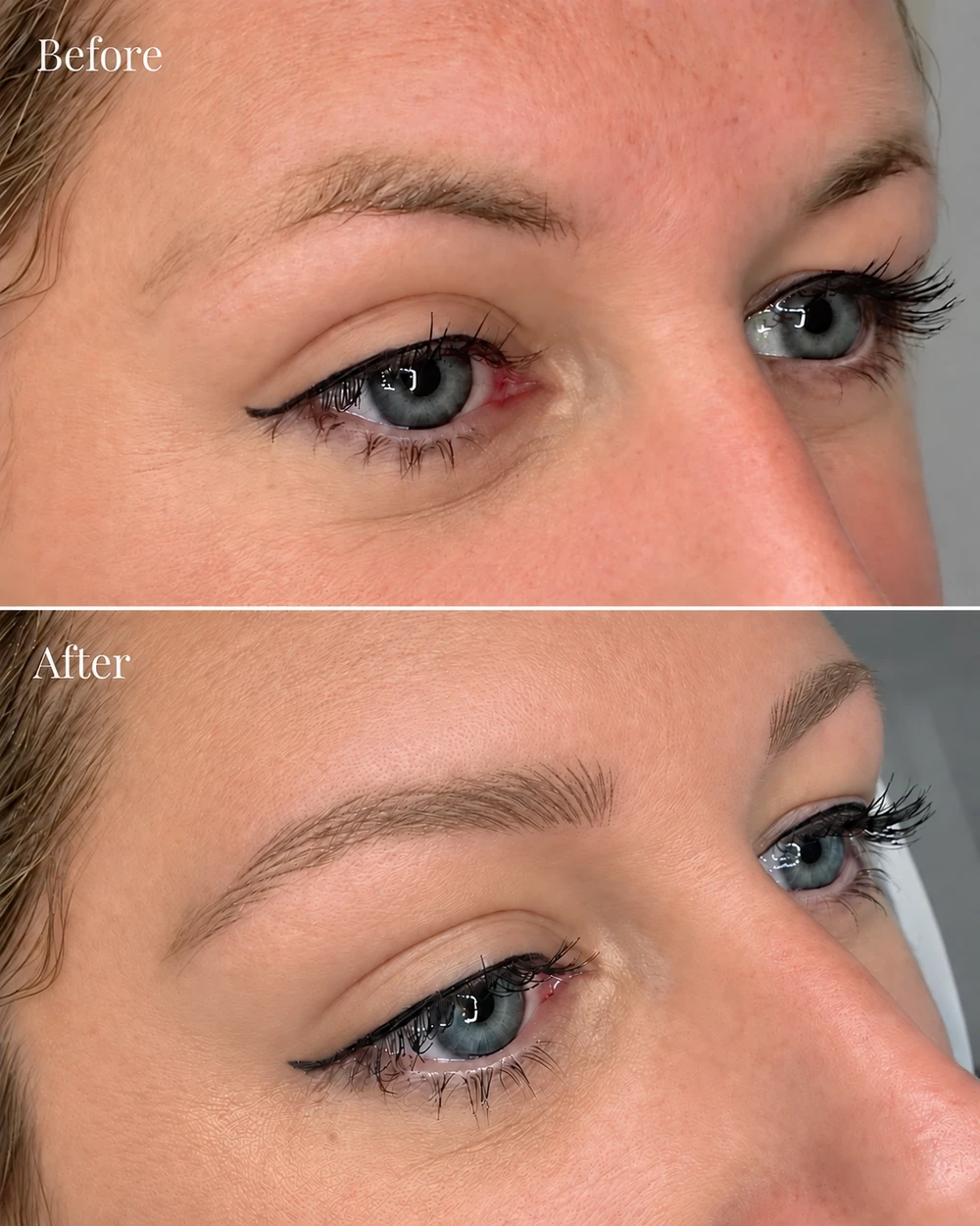 Hair Strokes brow treatment, before above and after below